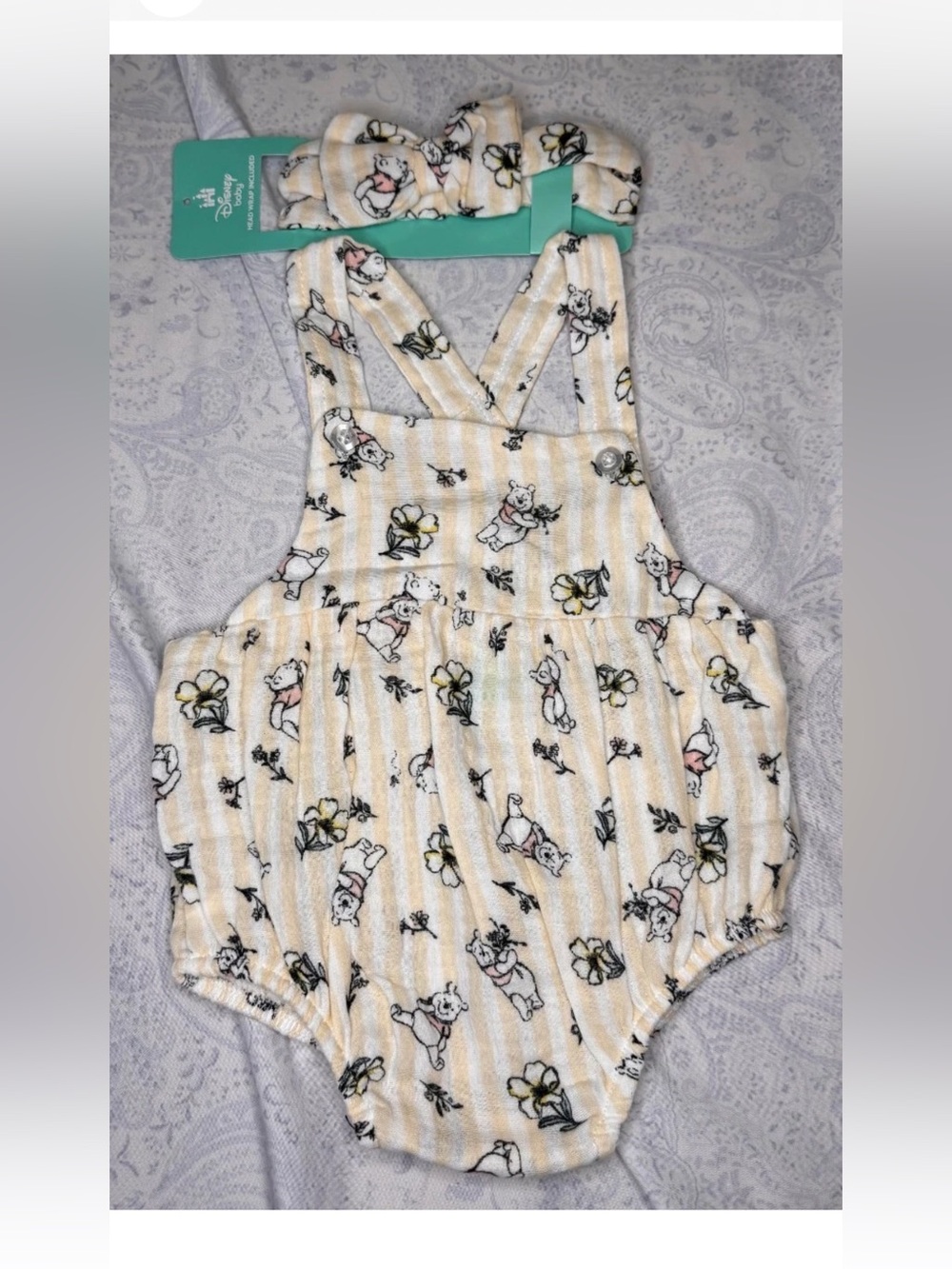 Disney Baby Winnie The Pooh 100% Cotton Gauze Infant Romper with Head Wrap